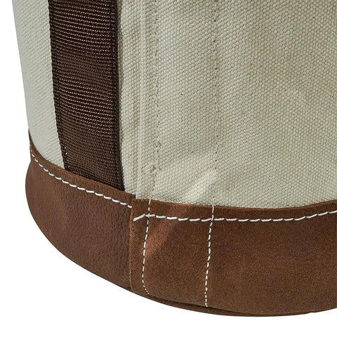 Close-up of canvas bucket with leather bottom showcasing stitching, part of Heavy Duty Canvas Bucket With Leather Bottom, 12 Inch Diameter, 1 Pocket.