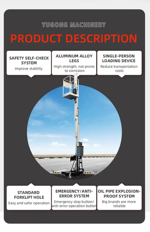 Badass Lightweight Single Mast Vertical Aluminum Lift Portable Electric Aerial Platform, shown with aluminum legs and safety features.