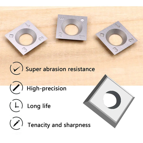 14mm Carbide Square Inserts Set for CNC Router Bits Replacement 14x14x2mm with Four Cutting Edges on wooden surface, 3 visible inserts.