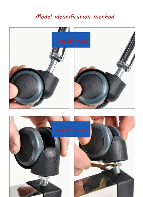 Premium Silent Office Chair Casters With 360 Swivel Spin, 2 Inch Pu Tread Wheels shown in circled and threaded rod type identification.