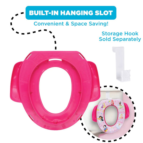 Toddler Potty Seat Featuring Disney Princess Loving Life Print With Lowkey Plush Cushion And Secure Grip Handles Training Aid with built-in hanging slot.