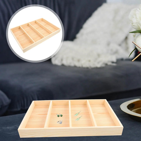 Straight Up Chic Wooden Jewelry Tray Organizer With Four Spacious Compartments To Keep Ring Collections Tidy While Adding Lowkey Premium Desk Vibes To Your Nightstand Or Dresser Surface, showing natural wood finish.