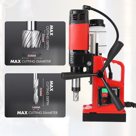 11 Piece Portable Magnetic Drill Press Set With Core Bits For Metal Surface 1.6 Inch Max Drilling Diameter showing drill specs and dimensions.