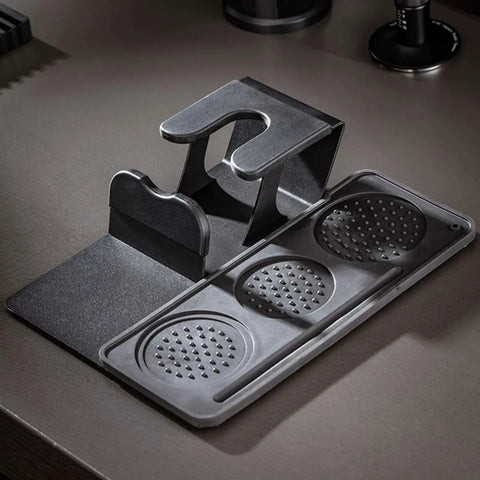 Daily Driver Barista Coffee Accessories Set Featuring Calibrated Spring Tamper Stirring Needle And Distribution Tool For Truly Smooth Espresso Pulls At Home, black plastic espresso tool holder and distributor.