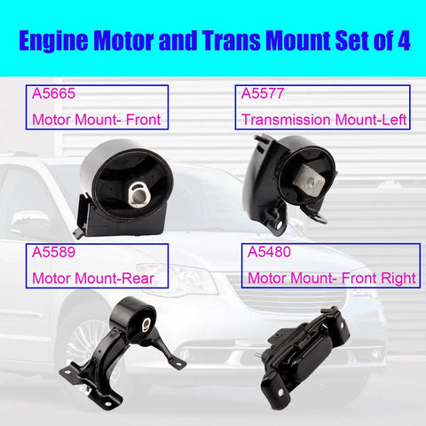 Rocksolid Engine And Transmission Mount Set Of 4 That Drops Right In For 2011 To 2015 Chrysler Town And Country Plus 2011 To 2017 Dodge Grand Caravan 3.6L V6 Automatic. A5665 A5577 A5589 A5480.