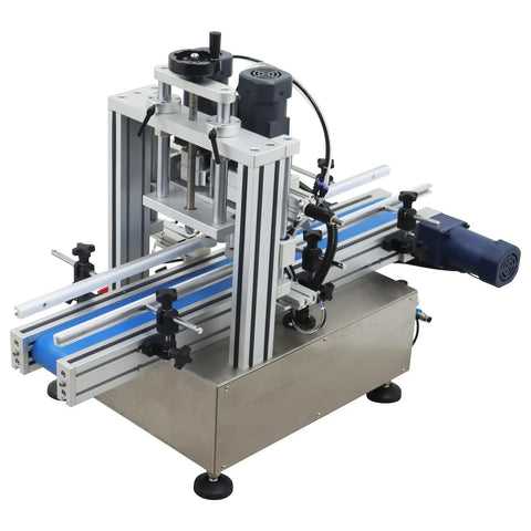 No Sweat Automatic Cap Sealer For Screw Caps With Rapid Conveyor featuring stainless steel desktop machine for smooth operation.