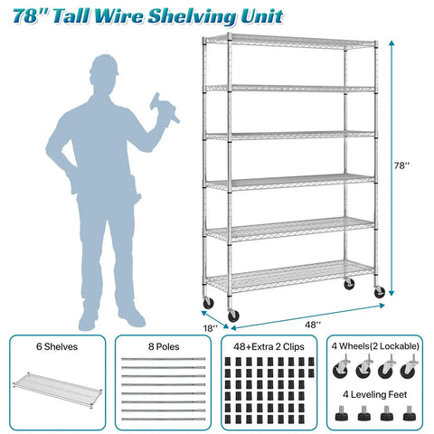 Beefy 6-Tier Wire Shelving Unit With Wheels, 6000 lb Capacity Steel Rack for Garage and Shop, Adjustable NSF Shelves, Black Finish, 48L X 18W X 72H, Quick Snap Assembly No Tools Required, 78-inch tall