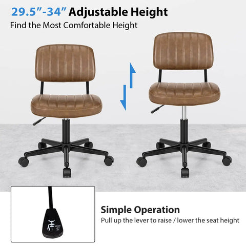 Slick Armless Desk Chair With Easy Glide Wheels, Top Tier PU Leather Task Seat featuring adjustable height from 29.5 to 34 inches.