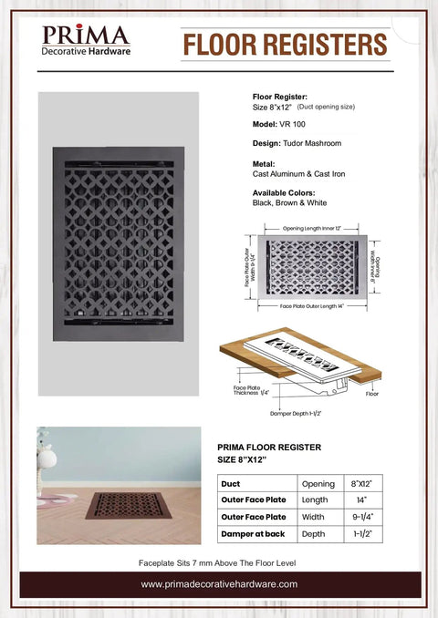 Durable Cast Aluminum Floor Register 8 By 12 Inches For Floors Walls And Ceilings Built To Last Handcrafted Finish indoor use.