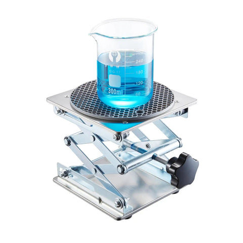 Heavy Duty 6X6 Inch Lab Scissor Jack Stand Adjustable Height 65-260mm Stainless Steel Platform Non-Slip Shock Absorbing Gaskets Perfect For Precision Laboratory Work Holds Up To 10kg with beaker.