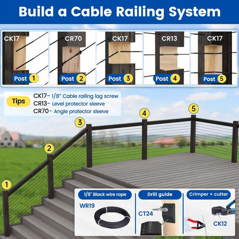 Diagram showing steps to build a cable railing system using 20 Pack Black Cable Railing Lag Screws Kit For Wood Posts With Left And Right Handed Threads.