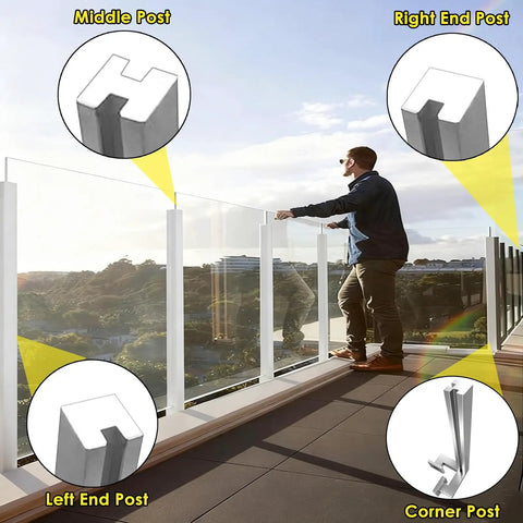 Modern Glass Railing Kit With Slick Stainless Steel Posts For Indoor Outdoor Stairs Decks 150cm showing posts details and outdoor patio view.