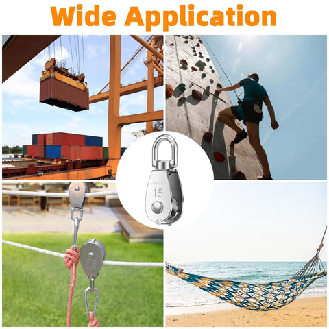 5 Pack 304 Stainless Steel M15 Pulley Block Set With 360 Degree Swivel And 5 Spring Snap Hooks Built Tough Heavy Duty Wire Rope Towing Wheel For Lifting Hoisting Crane Use Outdoor All Weather Rust Resistant; M15 pulley for crane, climbing, rope, and hammock use