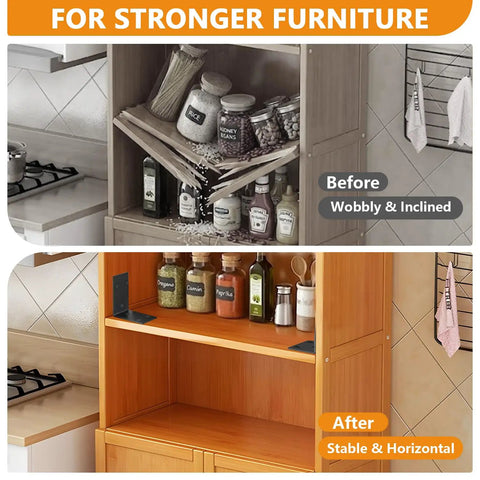 Heavy Duty Black Stainless Steel L Shelf Brackets Four Pack For Wood Furniture Cabinet Rack No Mess Install Knockout Support Wall Mount Hardware Display Stand showing before and after shelving stability.