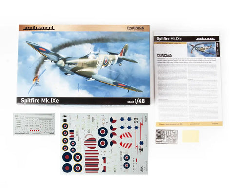 ProfiPACK Sweet 1 To 48 Spitfire Mk IXe Model Kit With Pre Painted Masks Photo Etch Decals And Plastic Components For RAF And Czechoslovak Air Force Markings For Display box and contents.
