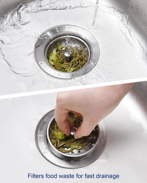 2 Pack Kitchen Sink Basket Strainers Replacement For 3-1/2 Inch Standard Drains Brushed Stainless Steel Body With Center Knob And Rubber Stopper Fits Most American Sinks Easy Install in action, filtering food waste in sink.