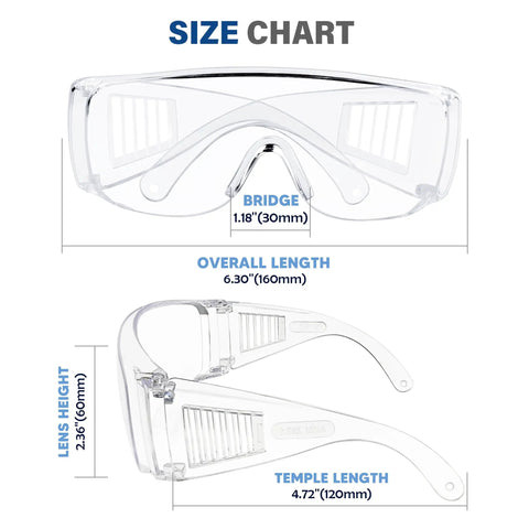 Size chart for Heavy Duty Safety Glasses Over Glasses 12 Pack Ansi Z87 1 Clear Lens Scratch Proof Goggles.