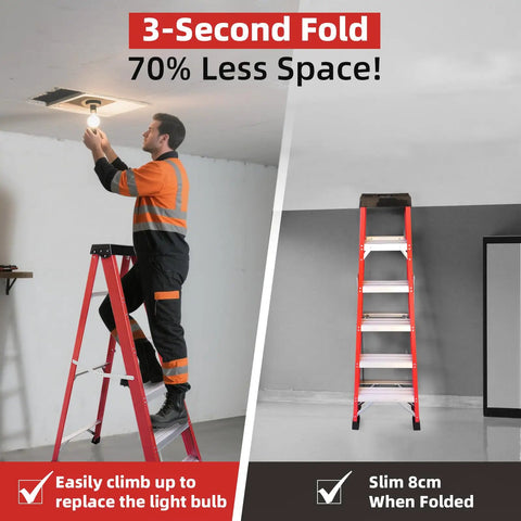 Heavy Duty 5 Step Fiberglass Ladder Foldable With Tool Tray Non Slip Wide Treads Rock Solid 330 Pound Load Capacity For Home Attic Or Outdoor Projects Built Different For No Sweat Access Anywhere You Need It in use to replace light bulb.