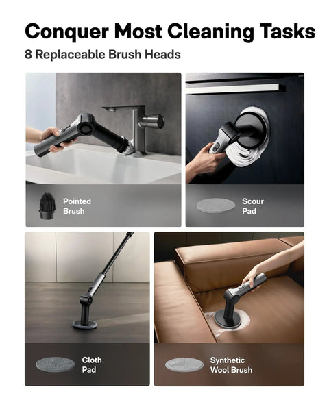 Cordless Electric Spin Scrubber with eight replaceable brush heads cleaning sink, wall, floor, and sofa in bathroom.