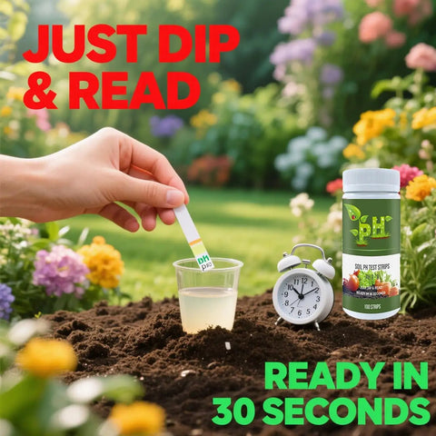 Hand using Ultimate Soil pH Tester Strips Kit 3 To 9 Range With 100 Strips in garden with flowers and timer showing 30 seconds.