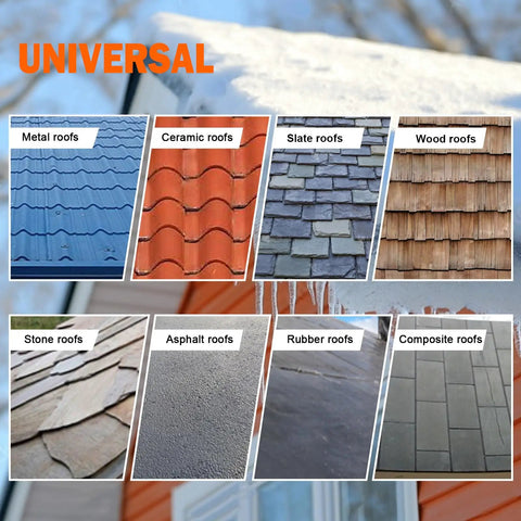 Various roof types including metal, ceramic, slate, wood, stone, asphalt, rubber, and composite for roof de-icing with Self Regulating Sewage Pipe Heating Cable For Buried Pipes And Wastewater Lines, Sump Pumps, And Roof De-Icing, 120V Fluoropolymer, Corrosion-Proof, Freeze Protection, 50 Ft, ETL Listed, UL Certified Plug.
