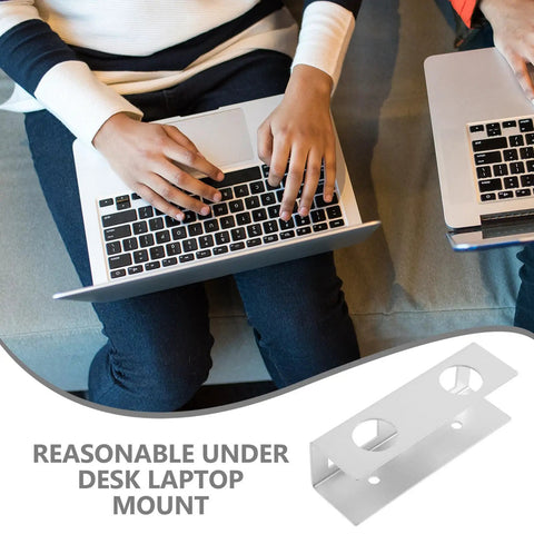 Heavy Duty Aluminum Under Desk Laptop Mount Bracket, user typing with laptop on a sofa and the bracket side view.