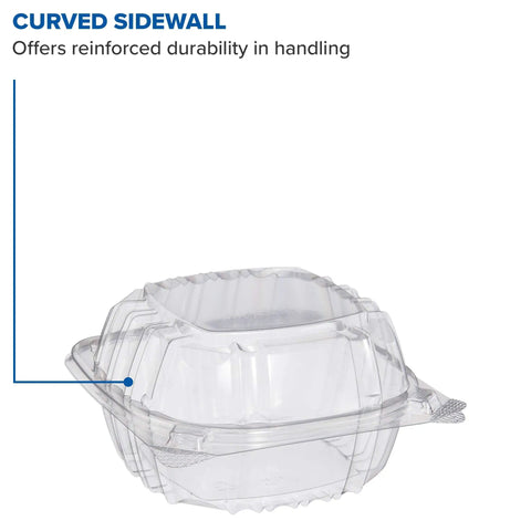 Clear Hinged Plastic Food Containers With Tight Seal Lids Leak Proof Takeout Trays Bulk Restaurant Packs 6 By 5 Point 8 Inches showing curved sidewall for durability.