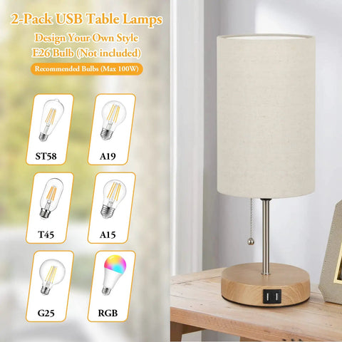 Two Pack Table Lamps With USB Ports For Living Room Bedroom Office Modern Bedside Nightstand Lamps Dope Cream Fabric Shade Oak Metal Base With Pull Chain For Reading Dorm Hotel, displayed with bulb options.