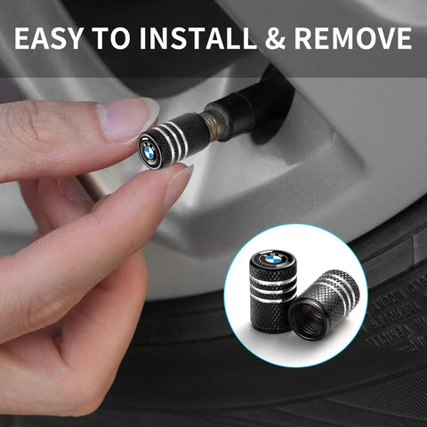 Installing BMW Tire Valve Stem Cap Set 4 Pack Aluminum Alloy Black Metal Air Caps on vehicle