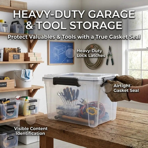 Hella Sturdy 19 Quart Stackable Storage Bin With Airtight Gasket Seal And Clear Body showcasing tools inside, heavy-duty design on wooden table.