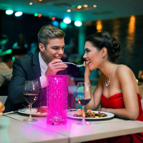 Crystal Table Lamp RGB Color Changing Night Light 2 Pack With Touch Control And Remote illuminating a dining scene in pink.