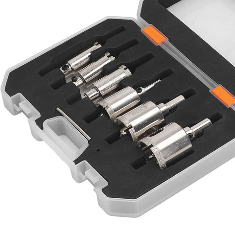 Hole Saw Kit With Hard Brazed Drill Core Bits For Marble Granite And Glass Cuts Clean Without Chipping Comes In Plastic Storage Box Plus Durable High Carbon Steel Emery Construction Super Tough Tool. 16-35mm set in plastic case