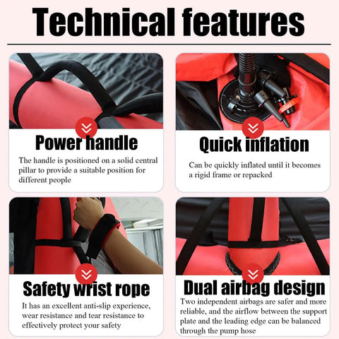 Technical features of Inflatable Wing Surf Kite For Beginners With Open Window Design shown with power handle, quick inflation, safety wrist rope, and dual airbag design.