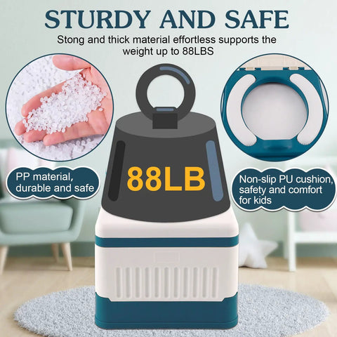 Foldable Portable Toddler Potty For Travel And Potty Training with non-slip PU cushion, supports up to 88 lbs, made from durable PP material.