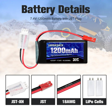 Close-up of Beefy 7.4V 1200mAh 30C LiPo Battery With JST Plug For RC Cars Trucks Drones And Helis, detailed connection types shown.