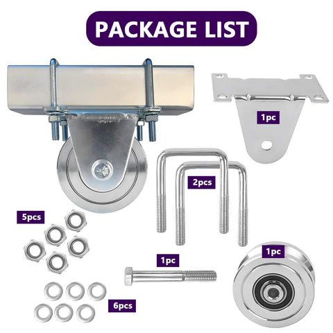 Package contents of heavy duty V-groove gate wheel kit, includes wheel, brackets, and hardware for sliding track gates installation.