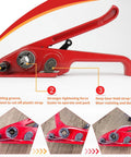 Close-up of red poly strapping tensioner in Heavy Duty Pallet Strapping Kit With Poly Strapping Tensioner, features and details.