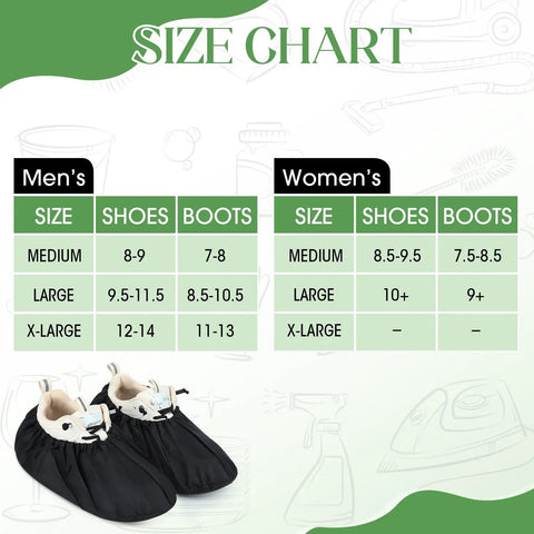 Size chart for 8 Pairs Non Slip Reusable Shoe Covers Waterproof Boot Covers With Elastic Band, showing men's and women's sizes.