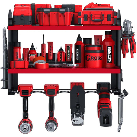 Garage Power Tool Organizer Wall Mount Rack For Cordless Drills And Heavy Duty Storage, red steel shelves with tools