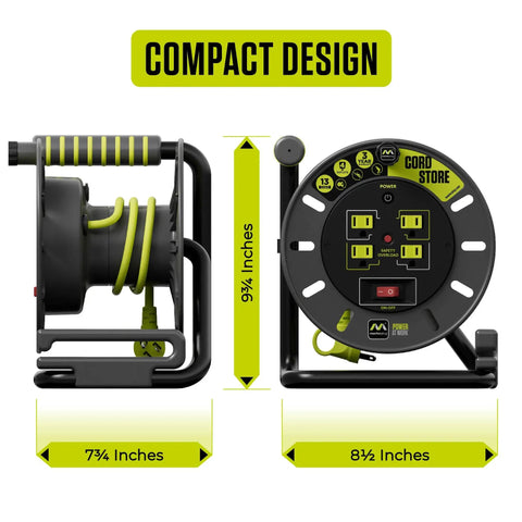 3 Foot Retractable Cord Reel With 4 Grounded Outlets, Safety Overload Breaker And Power Switch, compact design shown