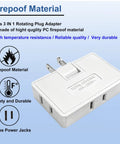 Three Way Flat Wall Outlet Extender With 180 Degree Swivel 2 Prong Type A White Ultra Thin Folding Electrical Outlet Splitter showcasing fireproof material and three power jacks.