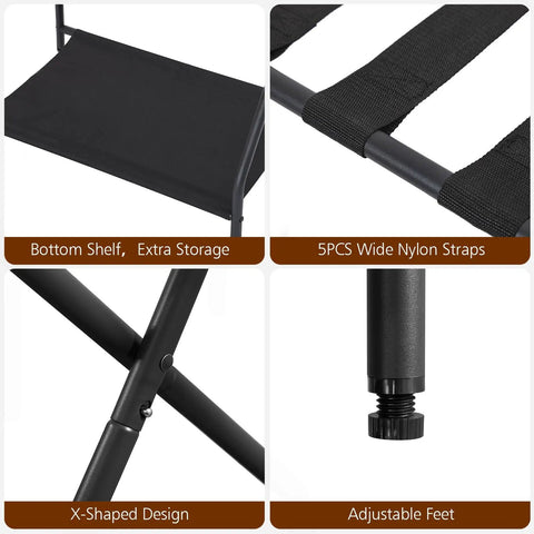 Heavy Duty Foldable Luggage Rack Set Of Two Built Tough Metal Suitcase Stands For Travelers Non Slip Nylon Straps with bottom shelf.
