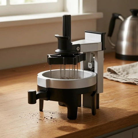 Heavy Hitter Rotary Espresso Puck Distributor Tool Featuring Adjustable Height And 12 Precision Points To Crush Clumps Level Coffee Grounds Evenly Compact Barista Accessory For Home Daily Driver Setup on wooden countertop.