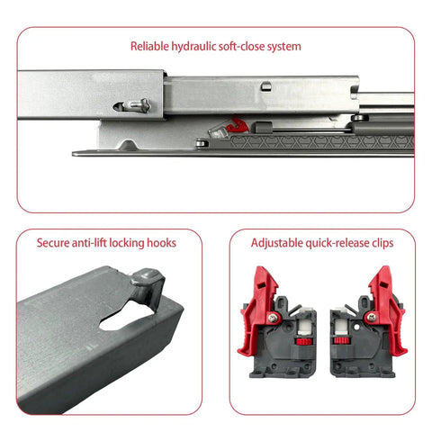 6 Pair 14 Inch Undermount Drawer Slides Soft Close Full Extension Cabinet Hardware features secure locking hooks and adjustable clips.