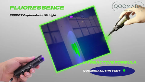 All In One Lead Test Kit For Home Use Detect Lead In Dishes, Painted Surfaces, Toys, Ceramics And More With Easy Liquid Testing displayed with UV light highlighting fluorescence.