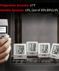 3 Pack Digital Hygrometer Kit With Indoor Outdoor Temperature And Humidity Monitor showing readings and face icon comfort indicator.