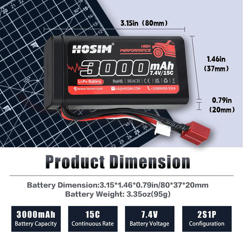 Close-up of 2 Pack 7.4V 3000mAh LiPo RC Battery Set with dimensions and specifications for brushless RC cars, trucks, and boats.