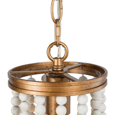 Close-up of Beaded Chandelier Farmhouse Pendant Light With Antique Gold Finish And White Wood Beads For Dining Room Foyer Bedroom Or Kitchen 6 Inch Diameter Boho Chic Warm Glow For Cozy Modern Rustic Spaces
