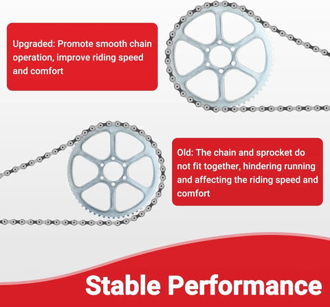Comparison of upgraded and old sprocket with chain, showcasing improved 60 Tooth Rear Drive Sprocket For 35 Chain Fits Coleman CT100U.
