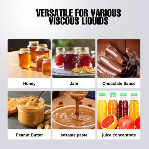 Premium 10L Min Honey Transfer Pump In Stainless Steel For Viscous Liquids Like Paste And Peanut Butter shown with honey, jam, peanut butter.